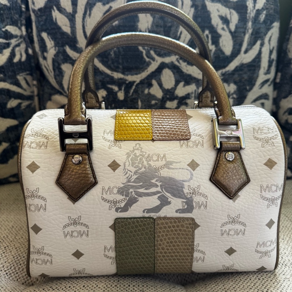 MCM White and Brown Satchel with Signature Monogram